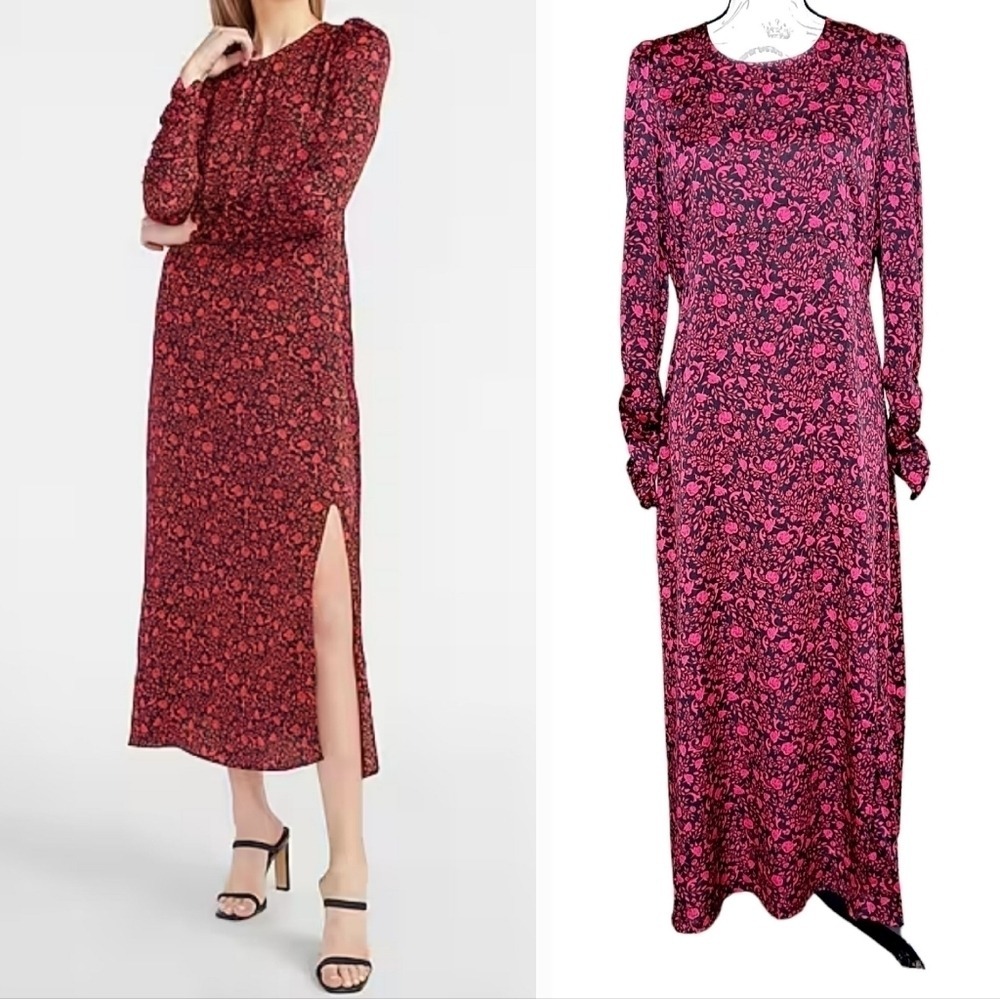 Express Black Red Floral Long Sleeve Midi M floral Ruched Vamp dark romantic 💖